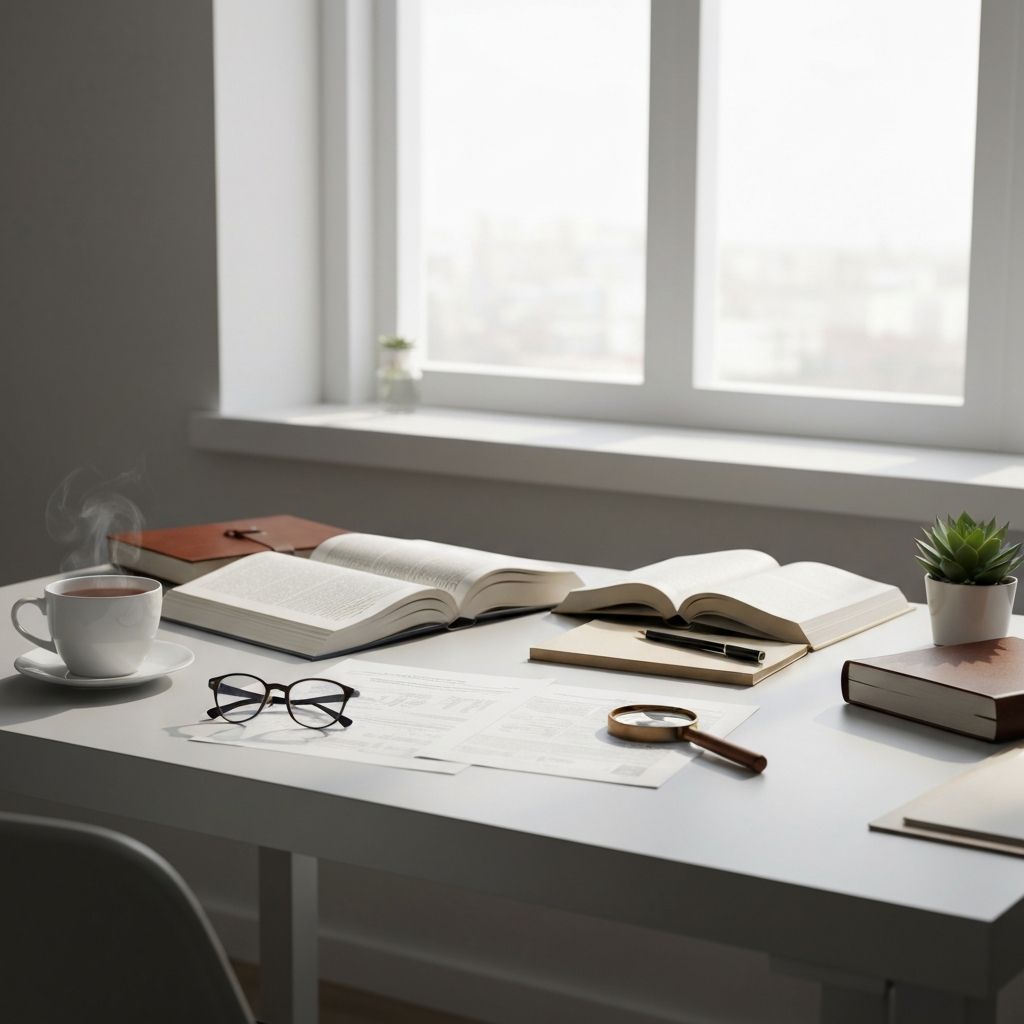 Organised workspace with research materials and notes