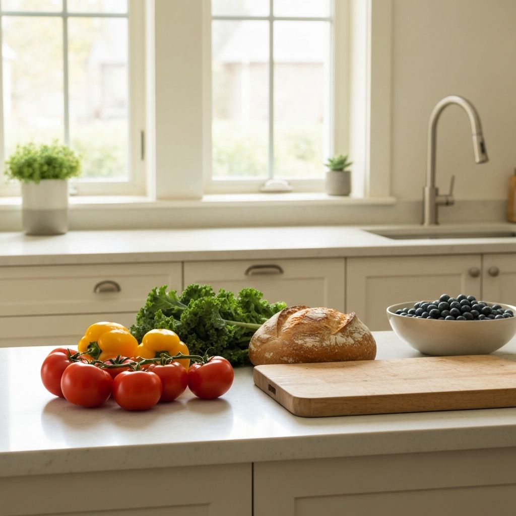 Everyday food environment with fresh ingredients on a kitchen counter