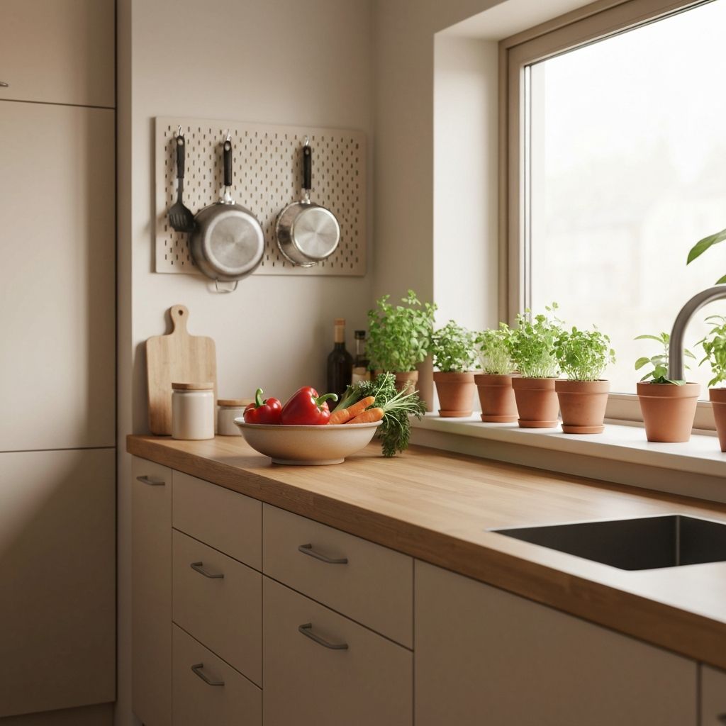 Clean home kitchen with utensils and fresh vegetables