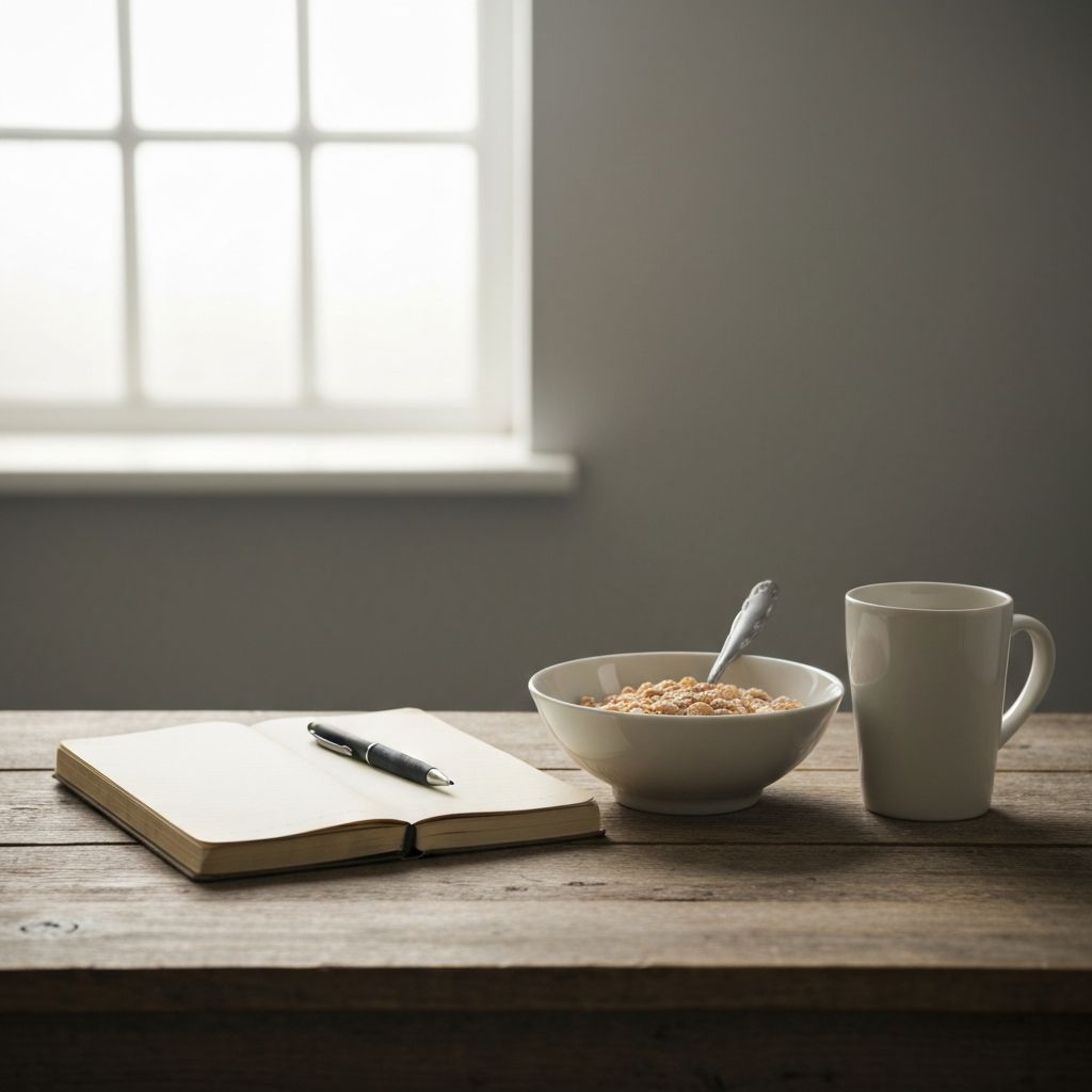 Notebook and pen beside a simple meal suggesting observation and reflection