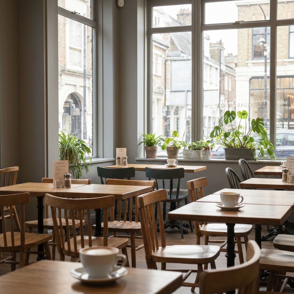 Cosy cafe interior with tables and natural lighting